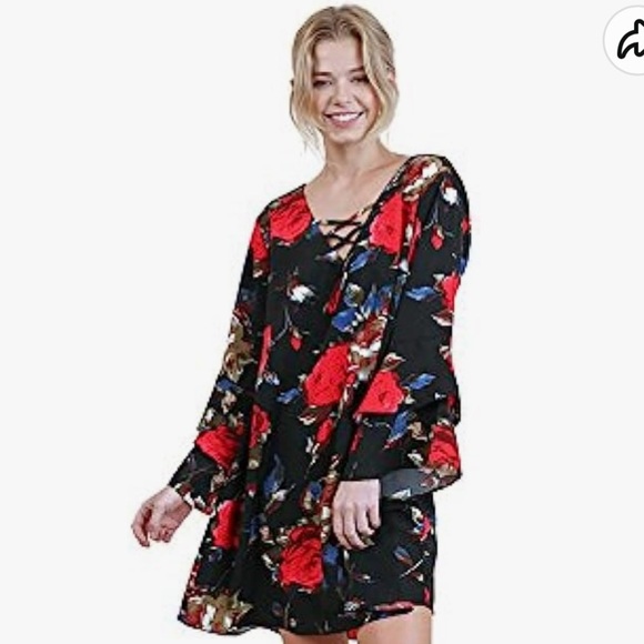 Umgee Blue Red Rose Floral Print Layered Sleeve Mini Dress - Picture 1 of 7